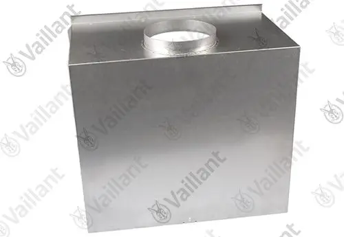 Eckige, silberne Metallschale mit runden Ausschnitt oben, möglicherweise für Lüftungs- oder Heizsysteme von Vaillant.